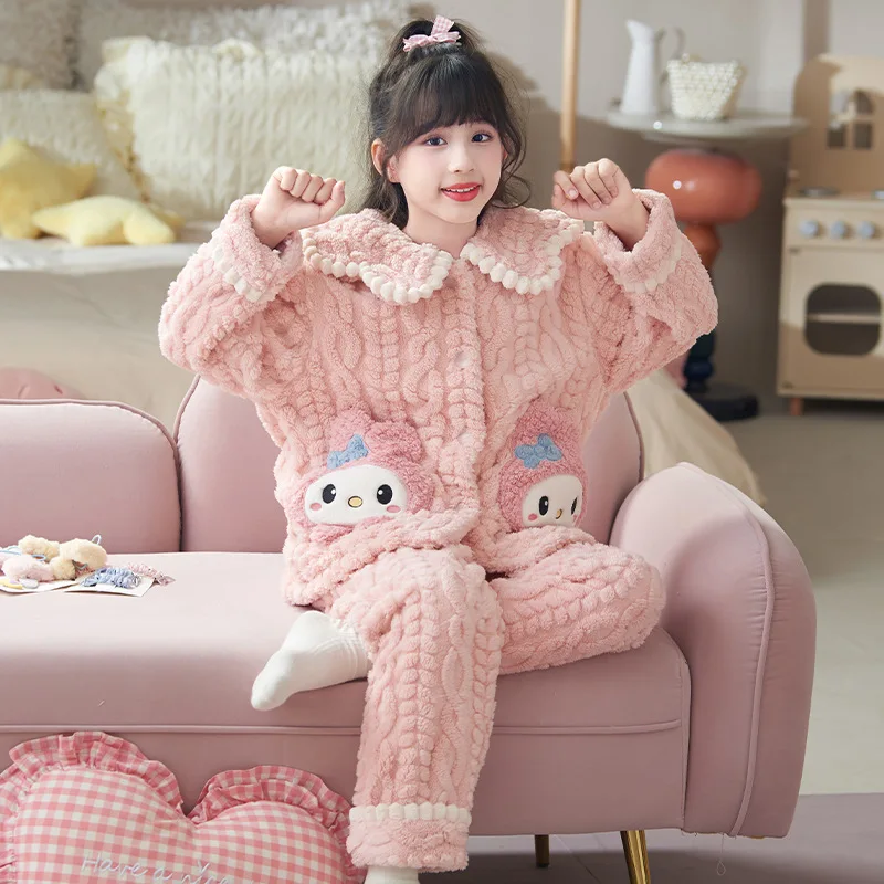 2Pcs Cute Winter Pompom Purins Cinnamoroll Kuromi Kids Plush Pajamas Anime Sanrio Flannel Cartoon Girl Warm Homewear Nightwear