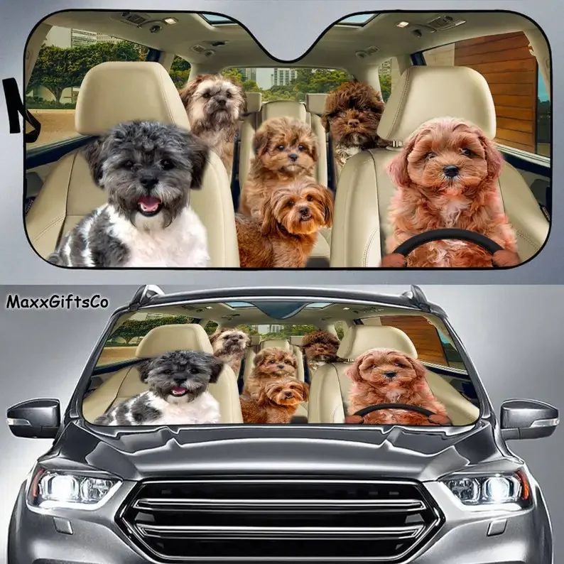 Shih-Poo Car Sun Shade, Shih-Poo Windshield, Dogs Family Sunshade, Dog Car Accessories, Car Decoration, Gift For Dad, Mom