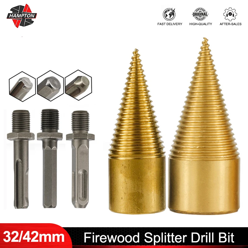 TiN Coated Firewood Splitter Drill Bit 32/42mm Round/Hex/Square Shank Core Drill Bit For Wood Splitting Tools Woodworking Tools