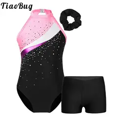 Kids Girls Gymnastics Leotards Ballet Dance Outfits Rhinestone Athletic Biketard Shorts Set Workout Figure Skating Bodysuit