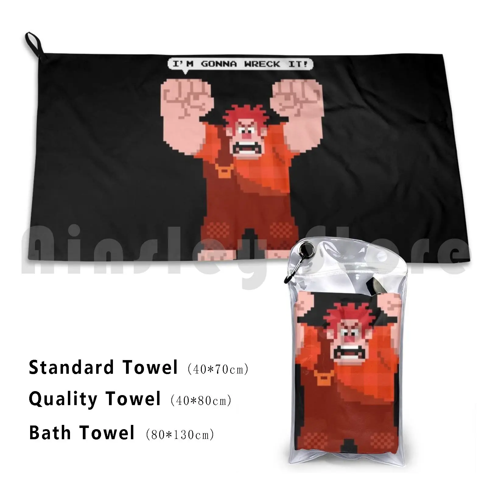 Wreck It! Bath Towel Beach Cushion Ralph Geek Nerd Retrogame Video Game 8bit Pixel Animation Cartoon Animated Funny