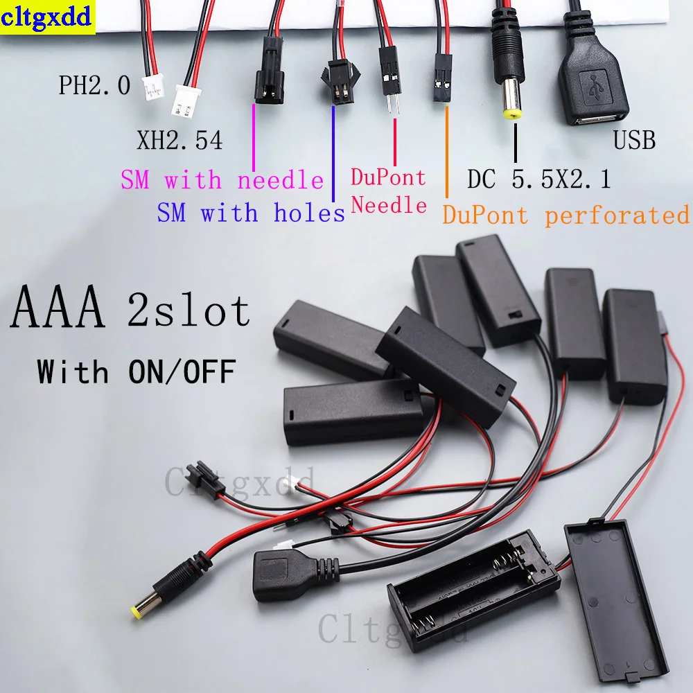 

Cltgxdd 1 set 2slot AAA with lead cable battery storage cover box shell DC/PH2.0/XH2.54/SM/DuPont cable slot battery box