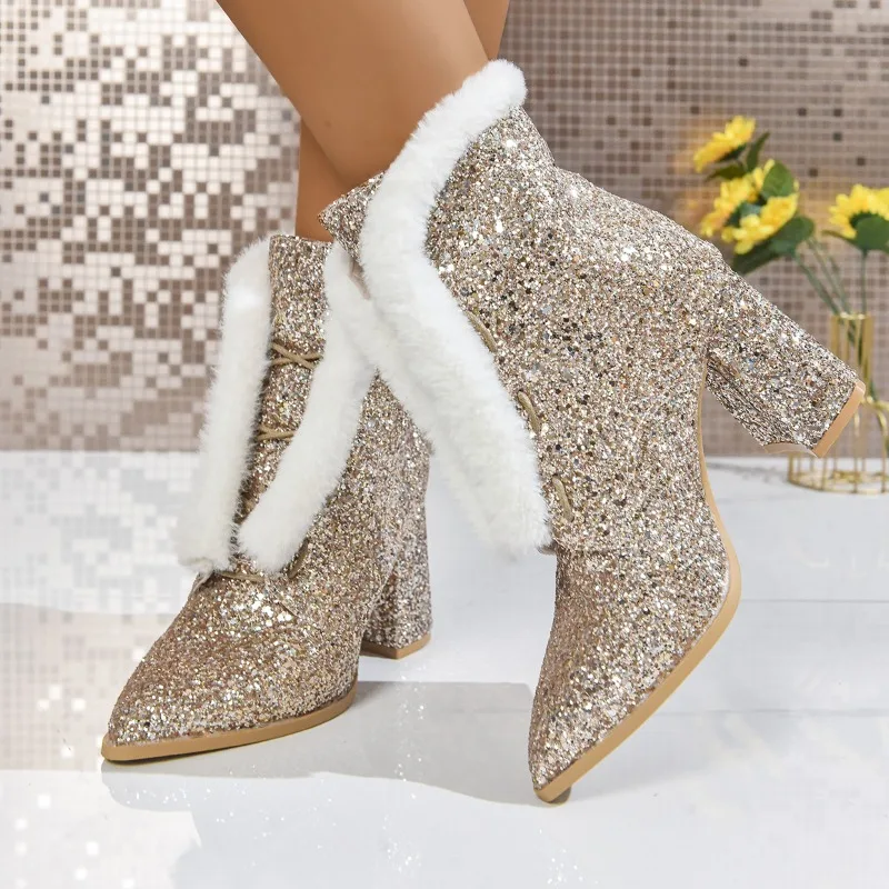 

Foreign Trade Autumn and Winter Plus Size Pointed Toe Sequin Block Heel Women's Fashion Boots Silver Low-leg Women's Boots