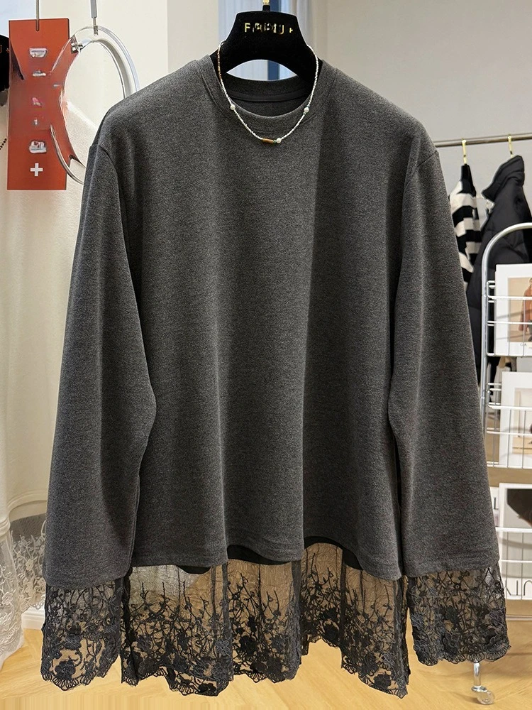 تي شيرت متطور مزين بالدانتيل بلون سادة وأكمام طويلة لربيع وخريف جديد في ملابس نسائية فضفاضة عصرية #2