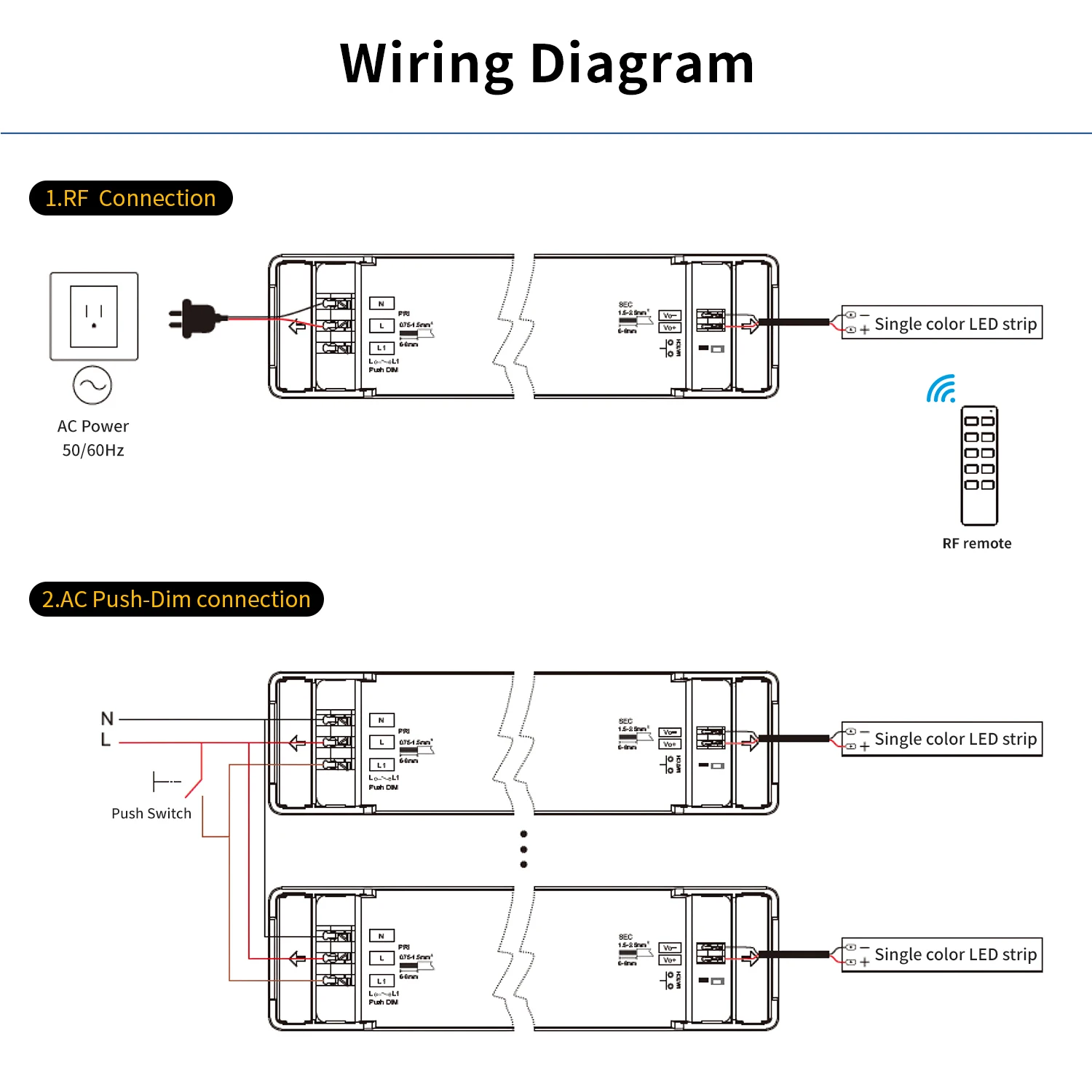 Dimmbarer LED-Treiber mit RF-Fernbedienung, 40 W, 75 W, 150 W, Push-Dim-Netzteil, LED-Dimmer, Beleuchtungstransformator für LED-Lichtstreifen, DC12/24 V