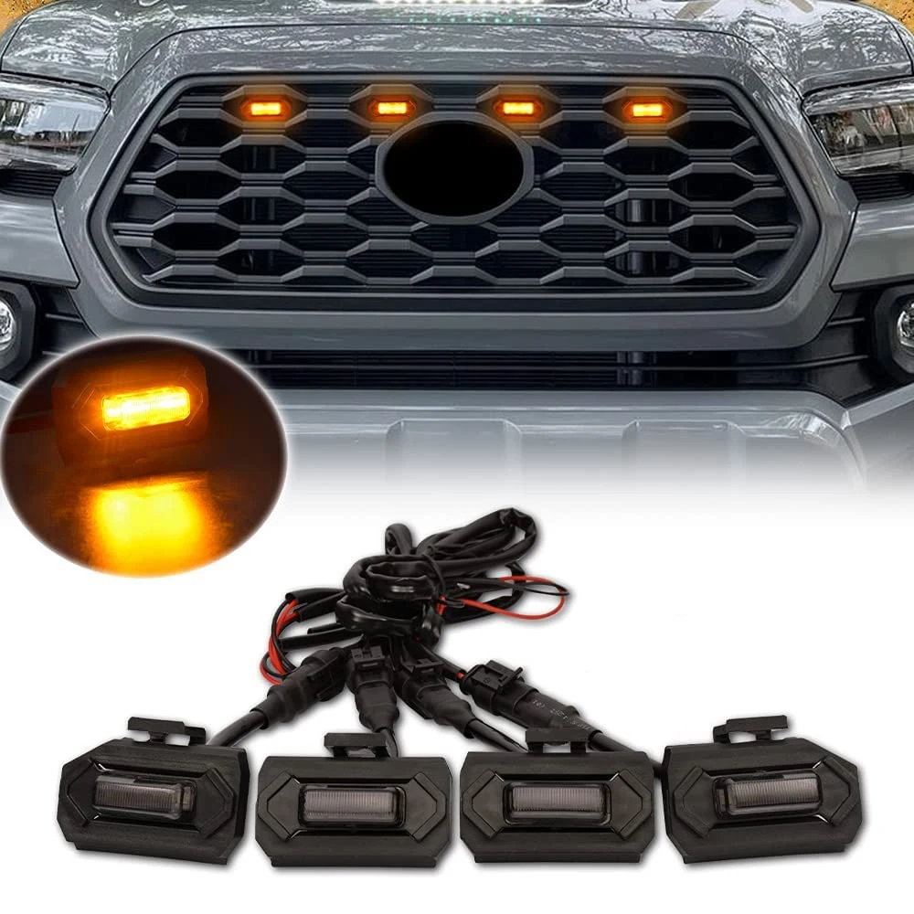 Luzes LED Front Grill para Toyota Tacoma Raptor TRD, esporte Off Road, lâmpada de grelha externa, luz amarela, 2020, 2021, 4pcs