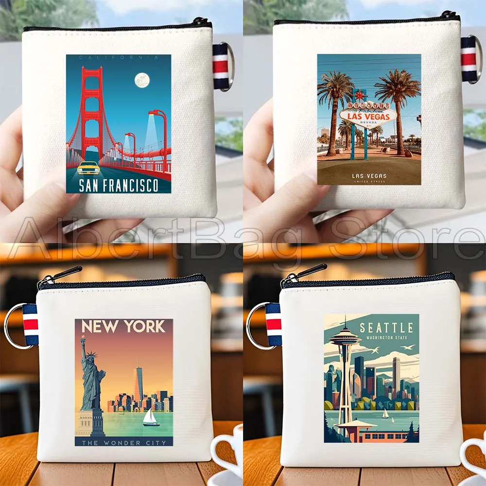 

New York Las Vegas Miami Seattle San Francisco Travel Poster Canvas Coin Purse Small Key Lipstick Storage Card Bag Wallet Pouch