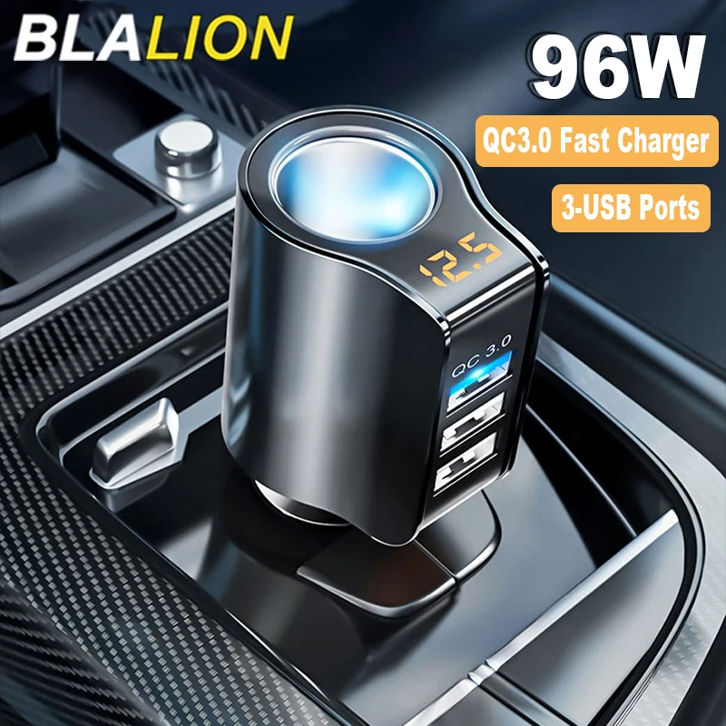 BLALION USB Car Charger 96W Cigarette Lighter Expansion Port Super Fast Charging QC3.0 Power Adapter For iPhone Xiaomi Samsung