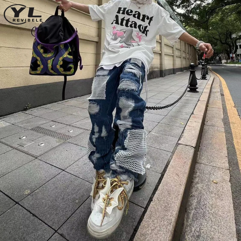 Hole Multi Pocket Baggy Jeans Man Hip Hop Gothic High Waist Denim Pants High Street Punk Male Harajuku Vintage Straight Trousers