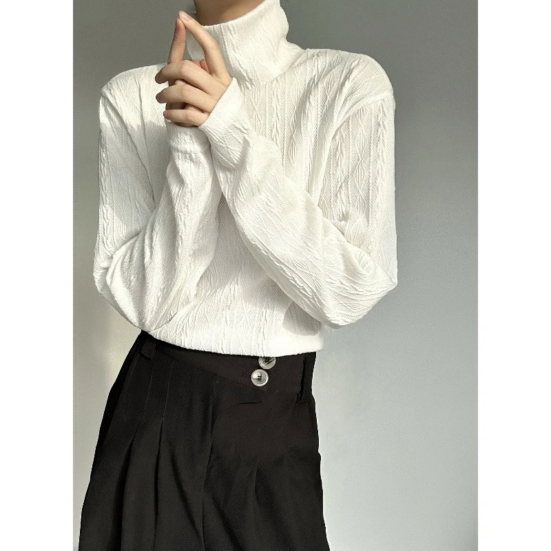 Man Cable Textured Turtleneck Knit Top Lazy Casual Long Sleeve Solid Color Slim Fit Basic Shirts Inner Outer Wear Tee New T Shir