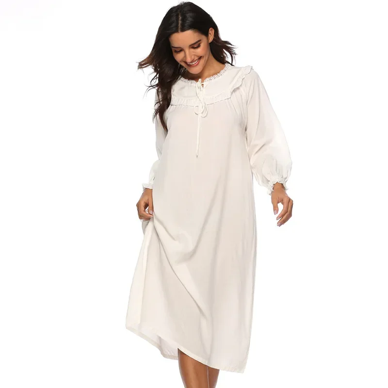 Victorian Cotton Night Dress Women White Long Sleeve Nightdress Loose Robe Peignoir Lady Vintage Nightgowns Princess Sleepwear