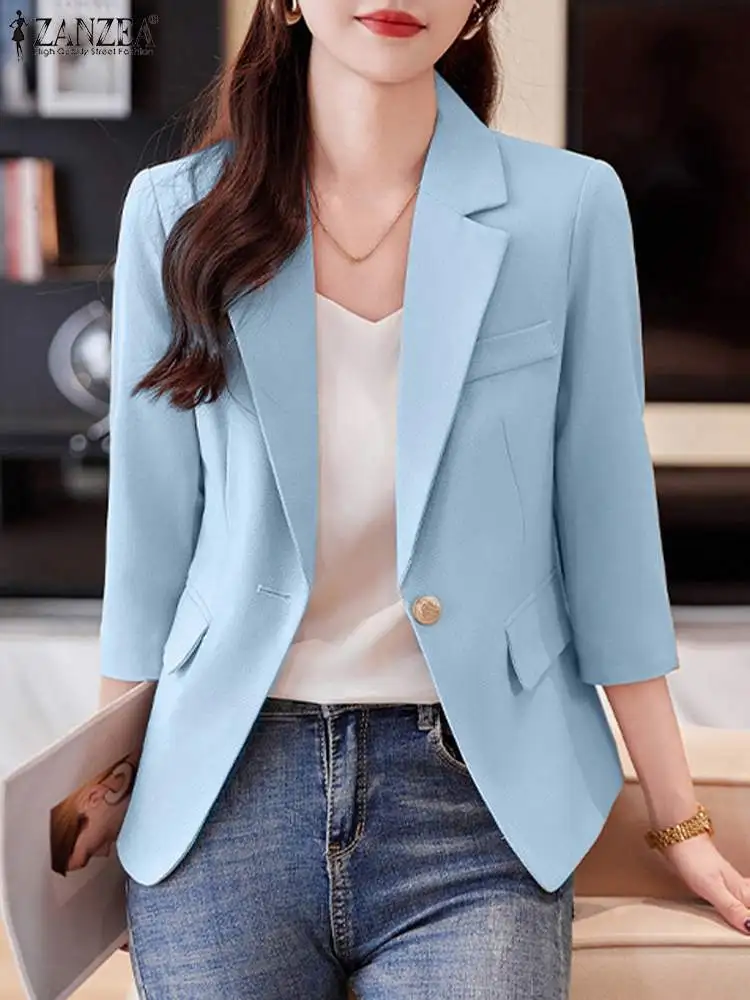 Fashion Work Suits Jackets ZANZEA Elegant Women Lapel Neck 3/4 Sleeve Blazer Autumn Casual Office Lady Thin Coats Solid Outwear