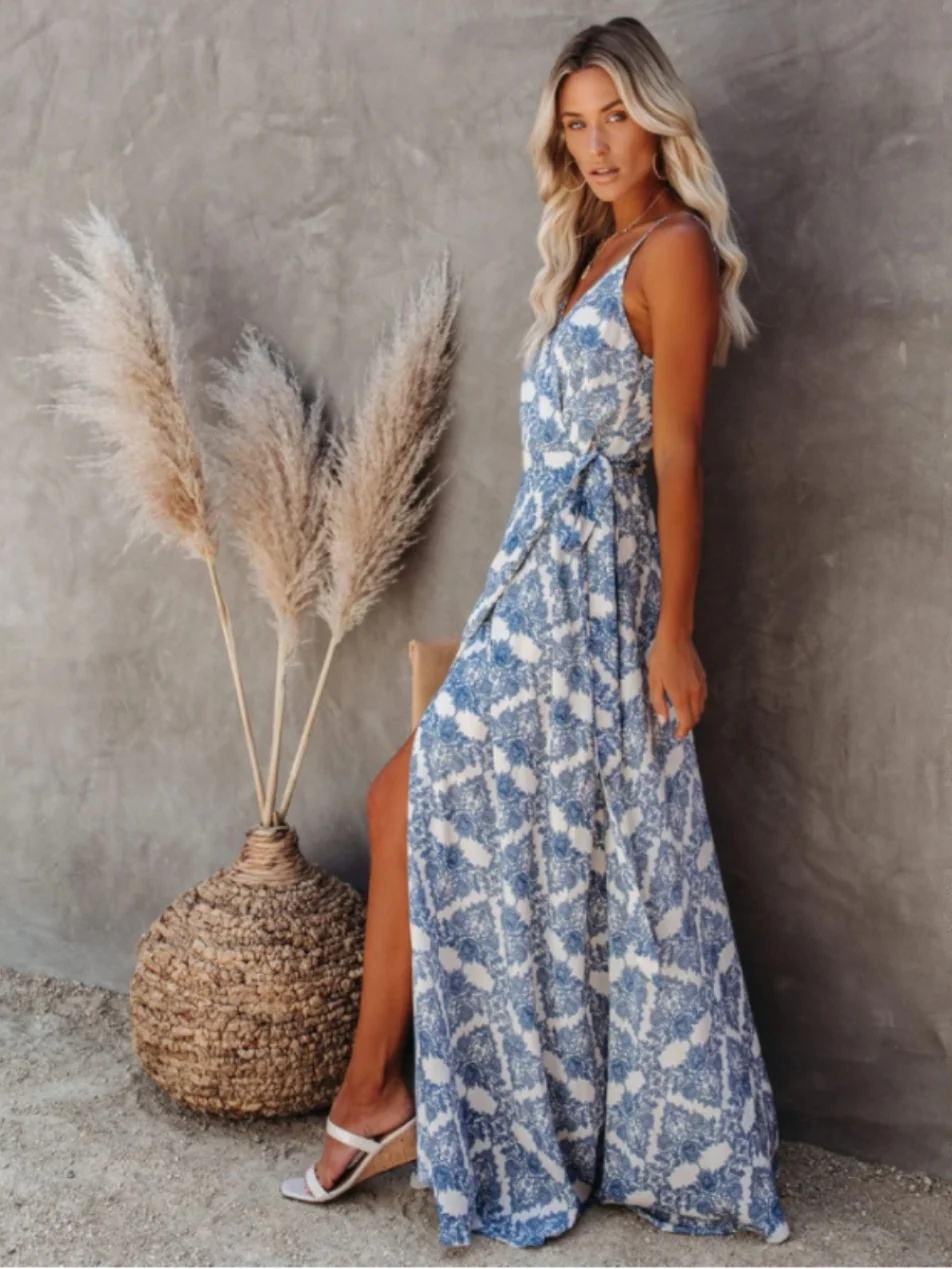 เดรสยาวลายดอกไม้พิมพ์ลายสไตล์เซ็กซี่แบบสายเดี่ยว ทรงเอไลน์เอวสูง ความยาวปานกลาง สำหรับผู้หญิง รุ่นใหม่ล่าสุดประจำฤดูร้อน