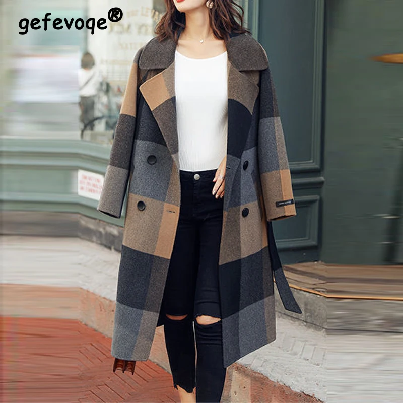 2023 Autumn Winter Women Vintage Plaid Lace Up Elegant Woolen Coat Korean Fashion Double Breasted Long Sleeve Mid Length Jacket