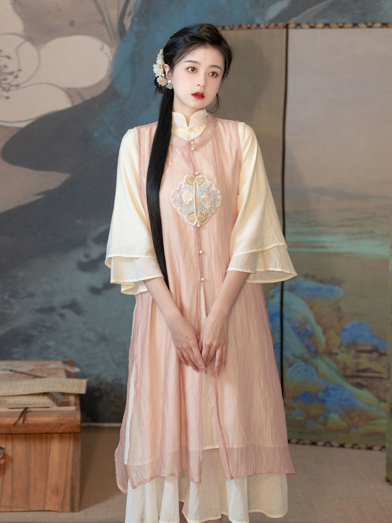 

Розовая юбка-миди с вышивкой в виде облаков, расклешенная, свободного кроя, из шифона, для повседневной носки