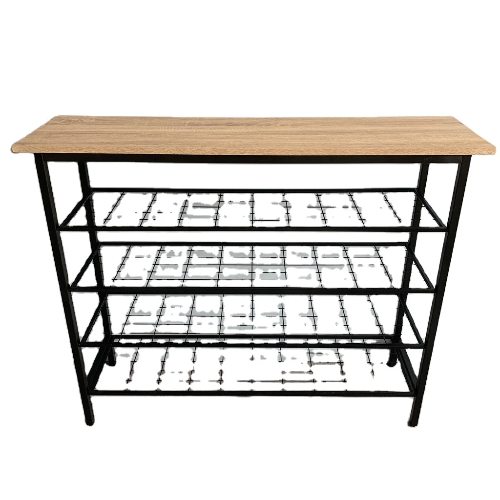 ￥industrial-metal-shoe-bench-rack-4-tier-wooden-top-gridding-shoe-rack-storage-organizer-shoe-cabinet-furniture-l21089