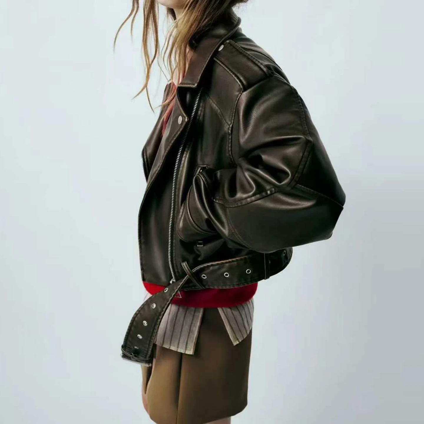 Faionable دراجة نارية جلدية فضفاضة Jaet المرأة الخريف جديد Sle الوقوف طوق ort ملابس خارجية Z الوقوف صالح