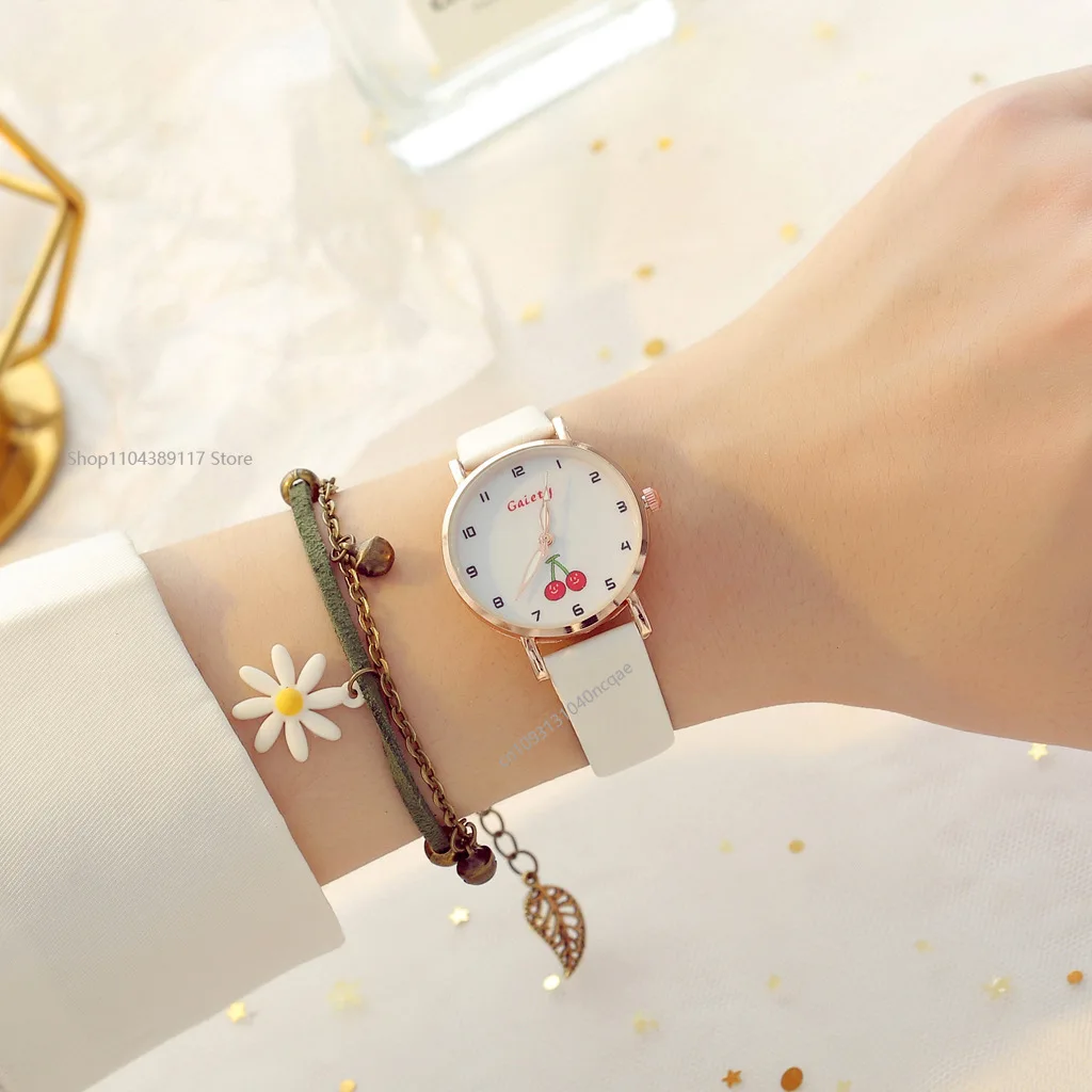 Часы для девочек, красивые детские часы в стиле принцессы, студенческие кожаные кварцевые часы, милые наручные часы с вишней, Reloj Mujer