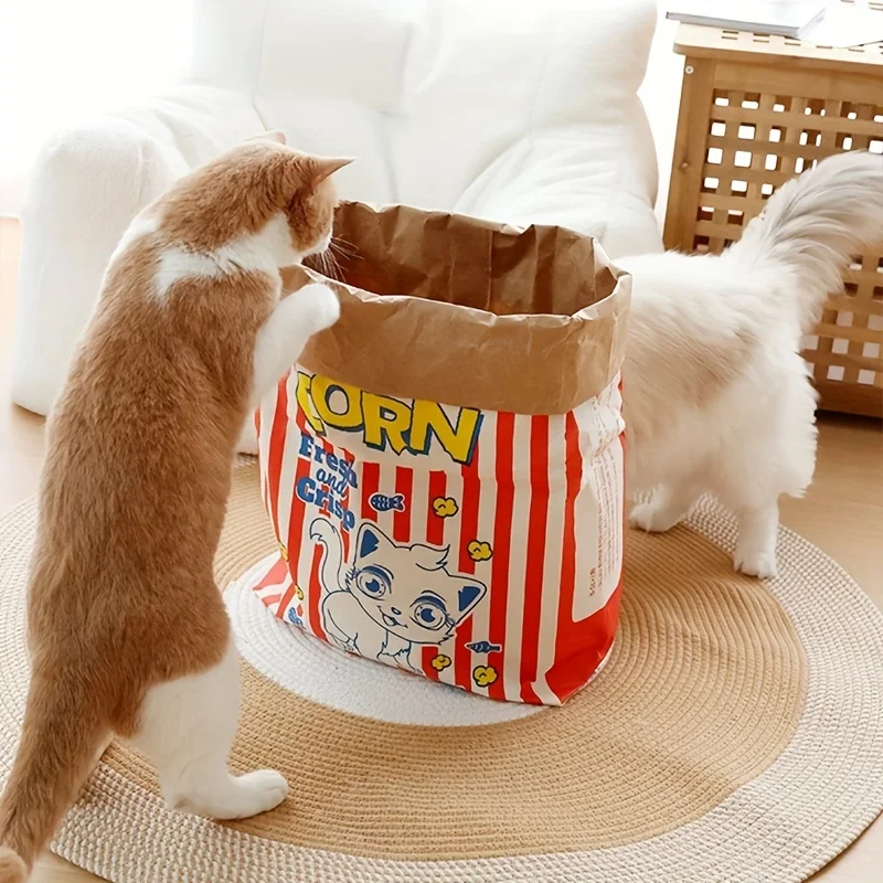 1PC Cat Bed Cartoon Popcorn Bag Durable Cardboard Hide and Seek Toy for Cat and Dog Interactive Play Stress Relief Pet Accessory