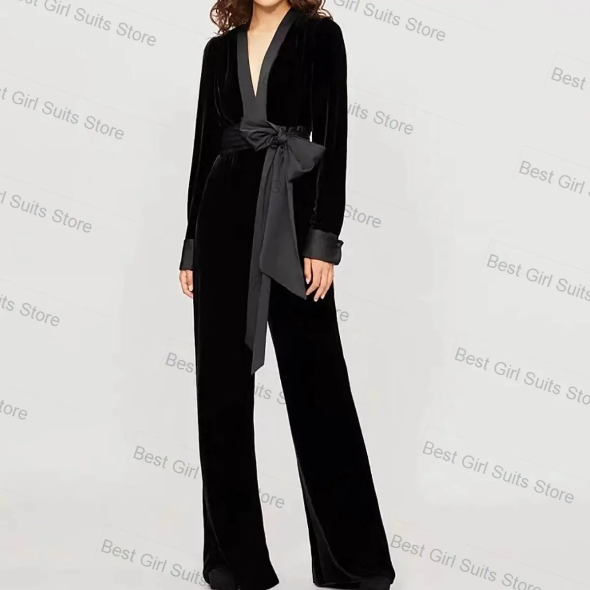 Samt-schwarzer Damen-Anzug-Set, 2-teilig, mit Gürtel, Blazer + Hose, Herbst, formelle Büro-Dame-Jacke, maßgeschneidertes Hochzeits-Smoking-Abschlussballkleid