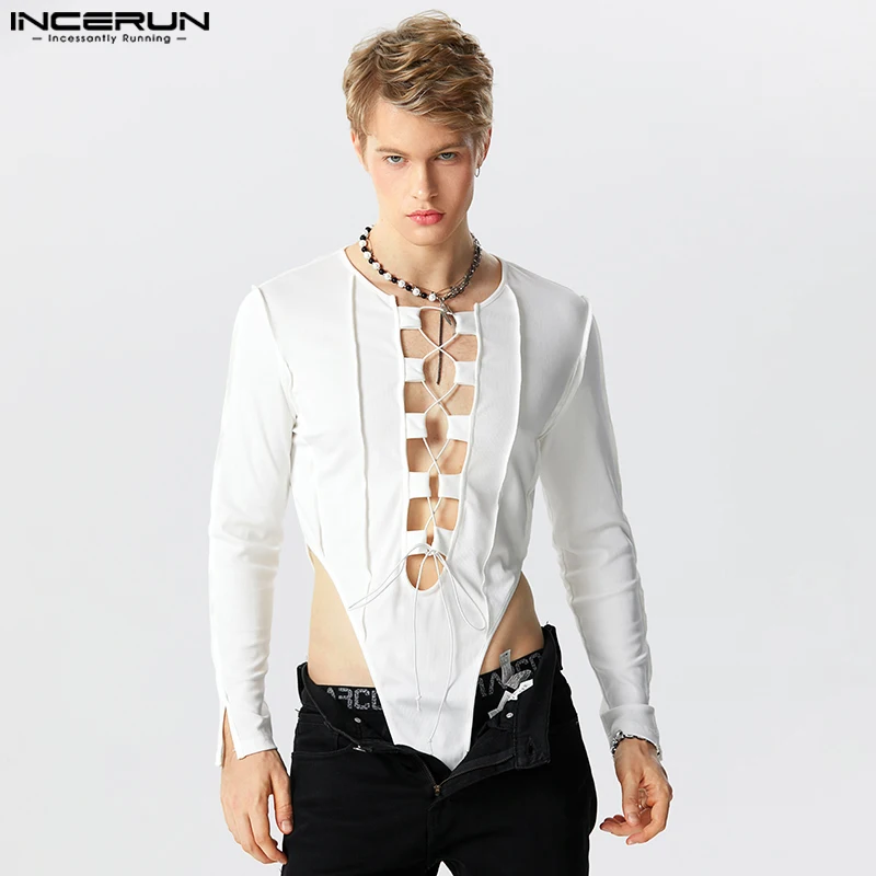 

INCERUN 2023 Sexy Fashion Style Men's Homewear Strap Design Bodysuits Male Solid Long Sleeve High Fork Triangle Jumpsuits S-5XL