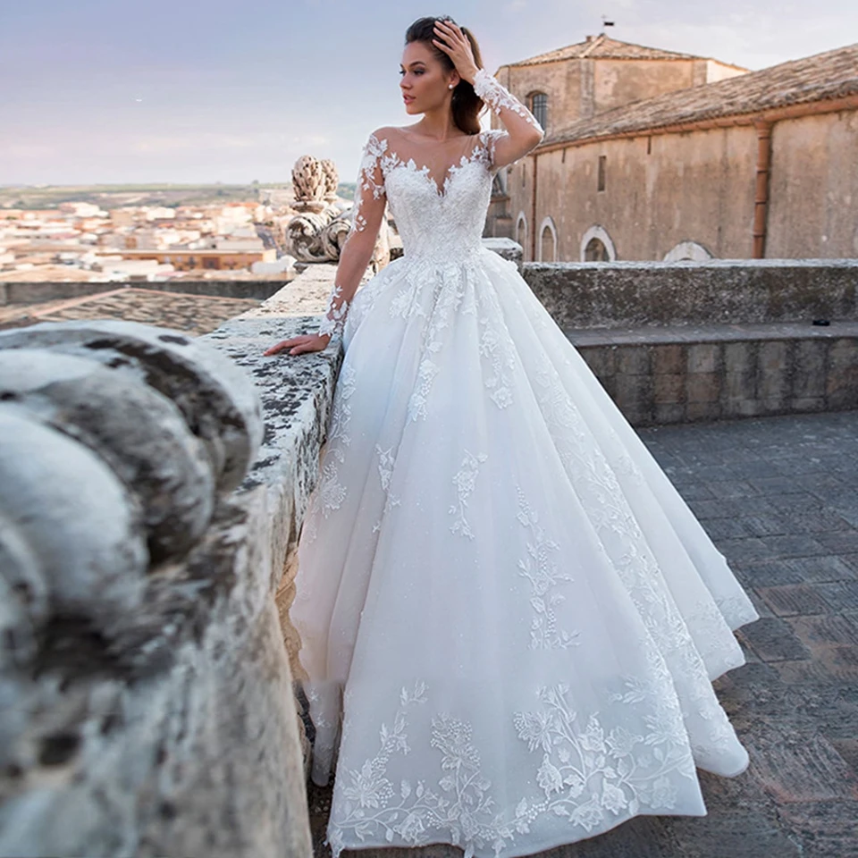 Robes de mariée élégantes en dentelle à manches longues avec appliques, robe de mariée princesse, tulle, dos nu, blanc, ivoire, 2023