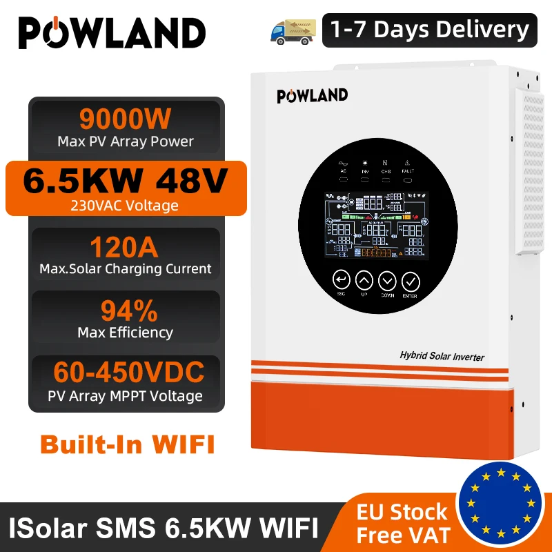 Inversor Solar Híbrido POWLAND de 6.5KW, 48V 230V, PV Máx. 9000VA 500V, Controlador de Carga Solar MPPT de 120A Integrado, Inversor Fotovoltaico