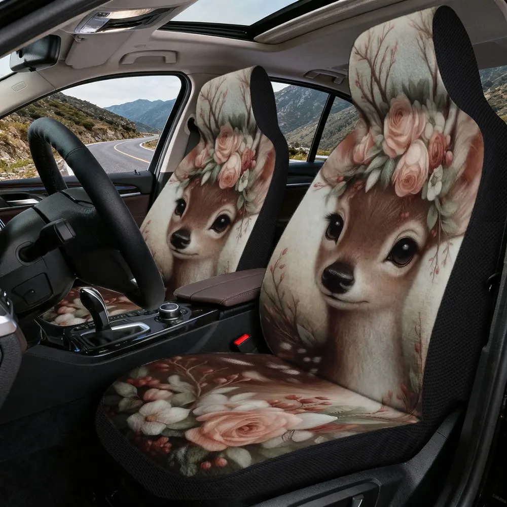 2D Flat Printing, 2pcs, Elegant Floral Antlers Deer Print Front Seat Covers, Great Present For Friends With Cars, Quick To Remov