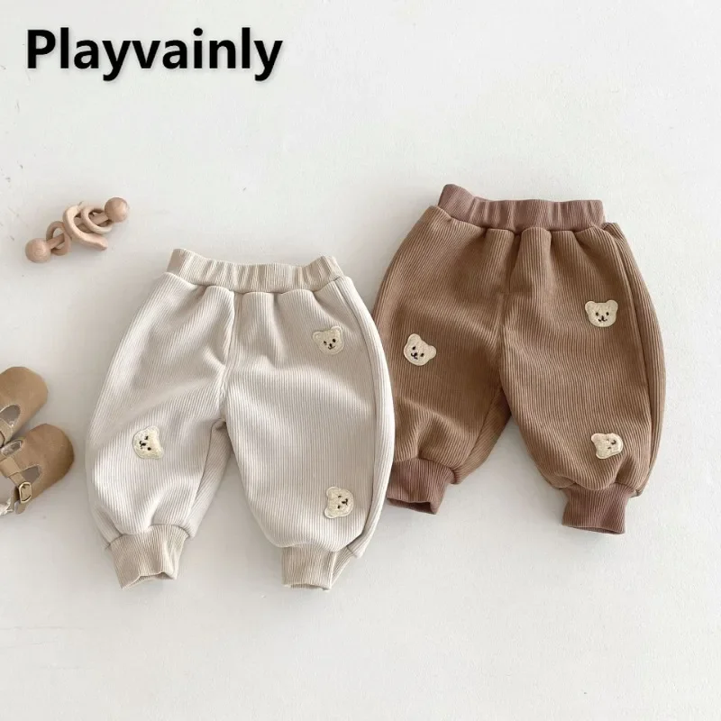 

Korean Style Winter Baby Unisex Corduroy Thickened Warm Pants Elastic Waist Cartoon Bear Jogger Pants Children Trousers A388