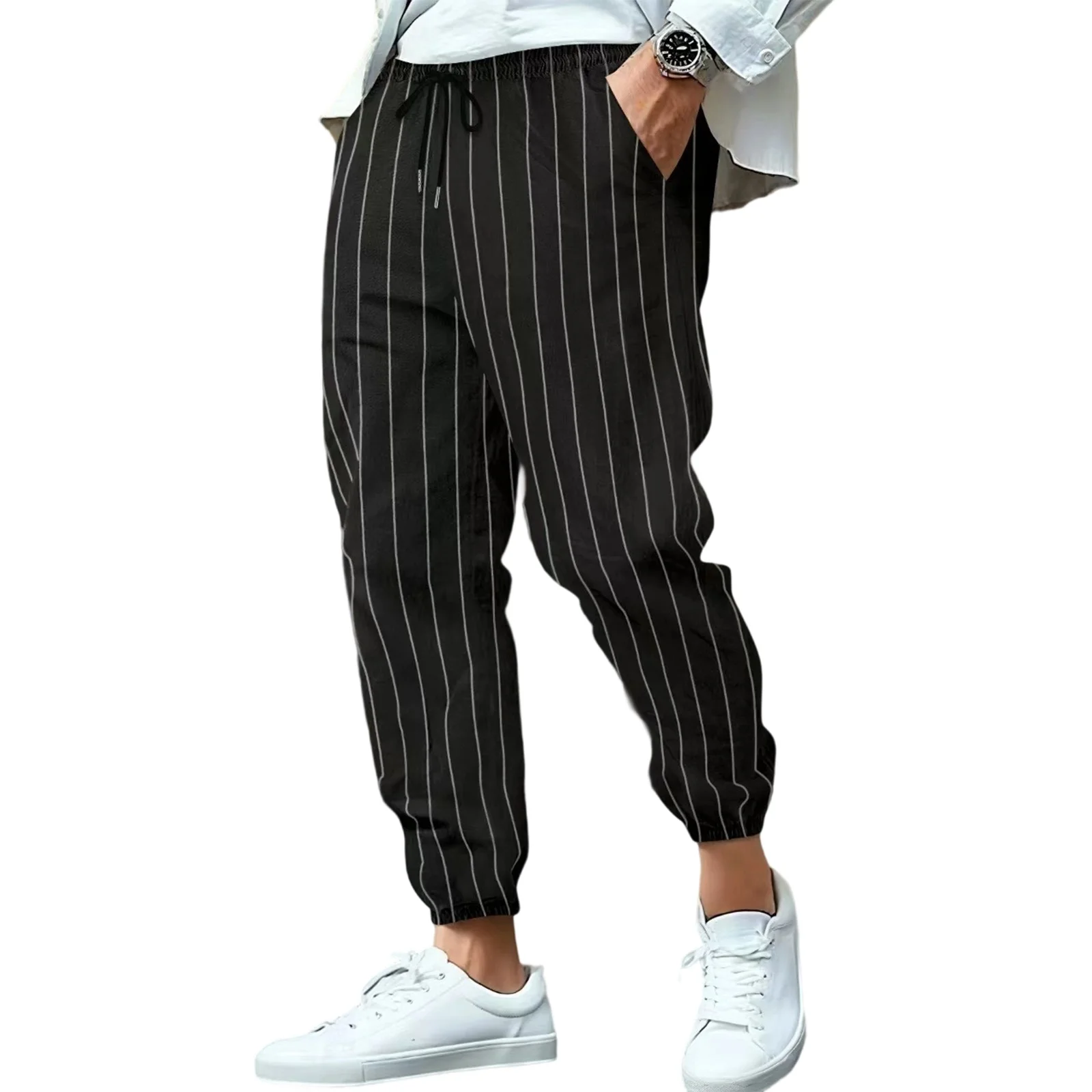 

Men Casual Striped Pants Loose Fit Elastic Waist Drawstring Cotton Linen Trousers Trendy Sweatpants