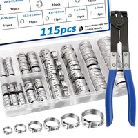 115PCS 6-28.6mm Single Ear Hose Clamps with Ear clamps plier Crimp Stepless Hose Clamps for Pipe, Fuel Line Crimp Clamps pincer