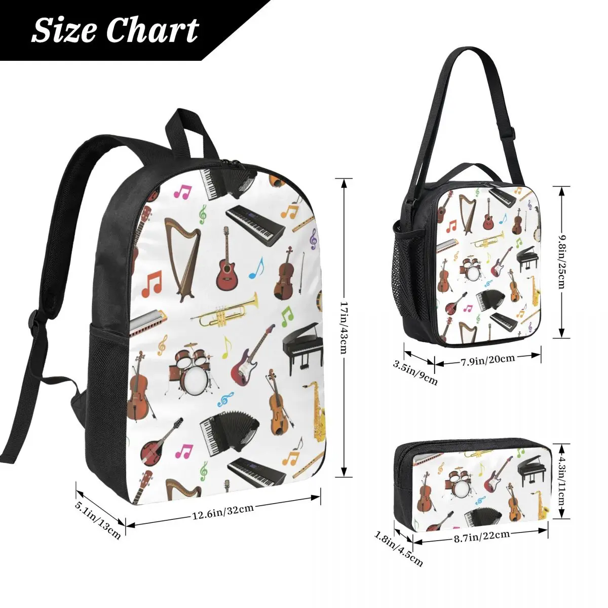 Various Musical Instruments Backpack Boys Girls BookBag School Bag Laptop Shoulder Bags 3ps Insulated Lunch Bag Pencil Case