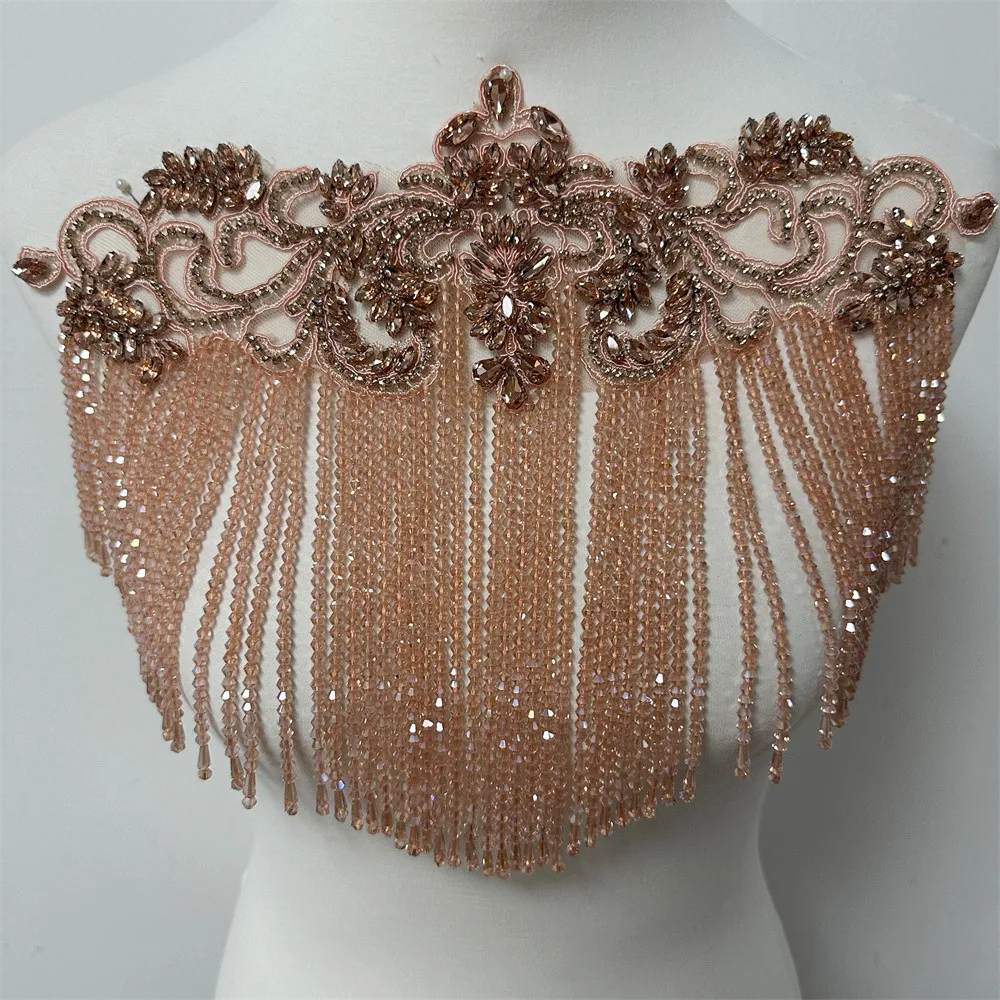 1PCS High quality Handmade Beaded rhinestones wedding patches with  tassels  appliques  for clothes decoration