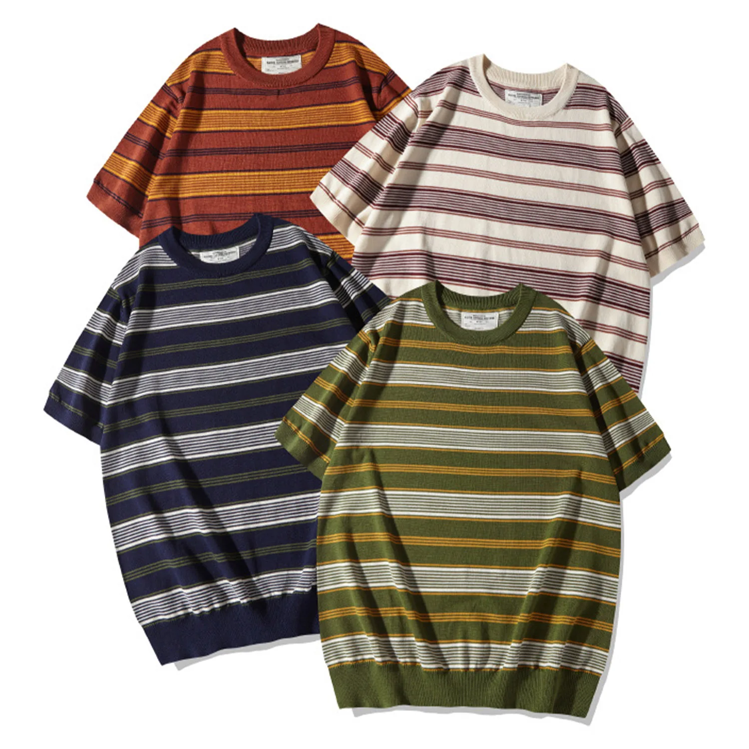 Male Shirts New Arrival Heavy Thick Knitted Striped Crew Neck T Shirt Fashion Retro Casual Daily Summer Street Outdoor Wear Tops