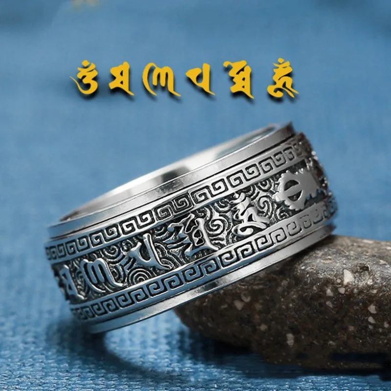 BOCAI S925 Sterling Silver Rings for Men Women Six Syllable Mantra Protective Talisman  Charm Jewelry Pure Argentum Amulet