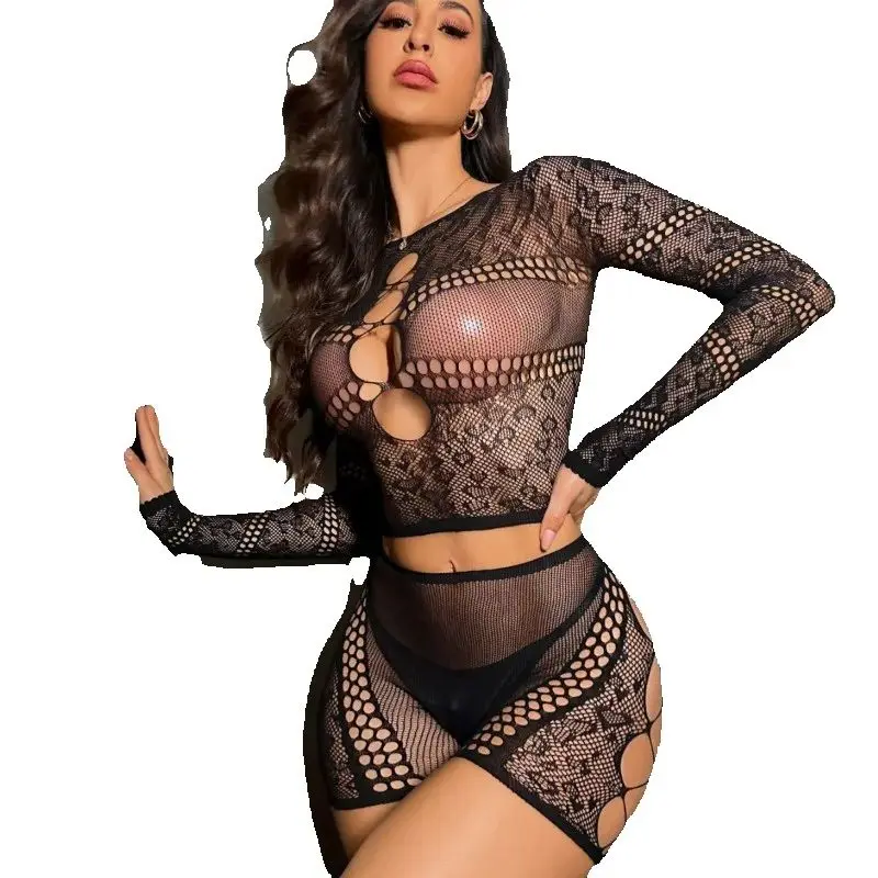 

Европейское и американское популярное женское сексуальное женское белье больших размеров, высокая эластичность, полупрозрачный топ, облегающие бедра, шорты, сетчатый костюм