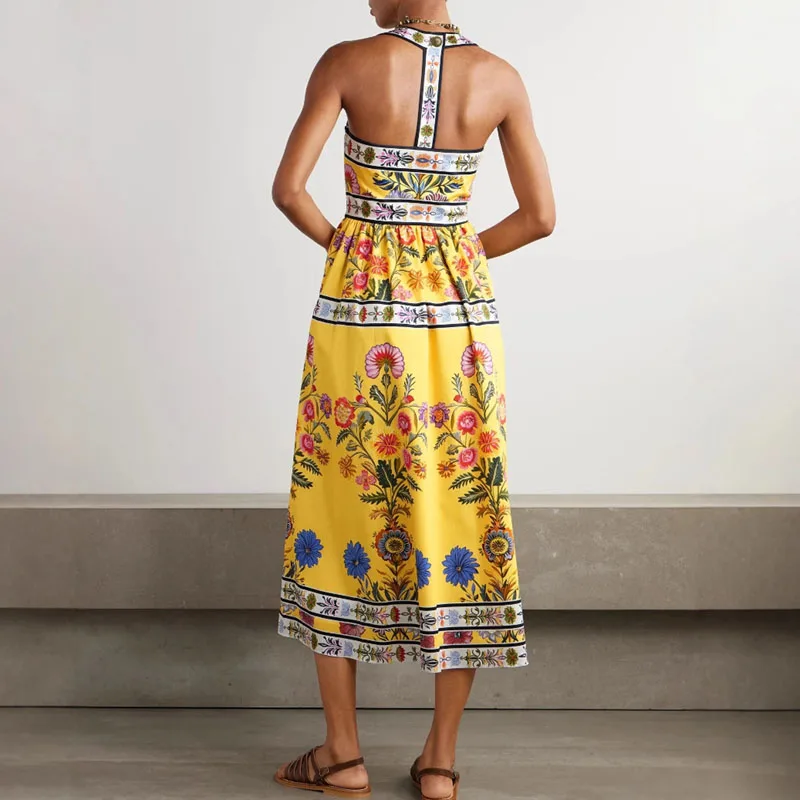 Abito lungo Boho con scollo quadrato sexy Abito lungo elegante a pieghe senza schienale A-Line Mujer Abito con stampa vintage Tasca Halter Abiti da vacanza