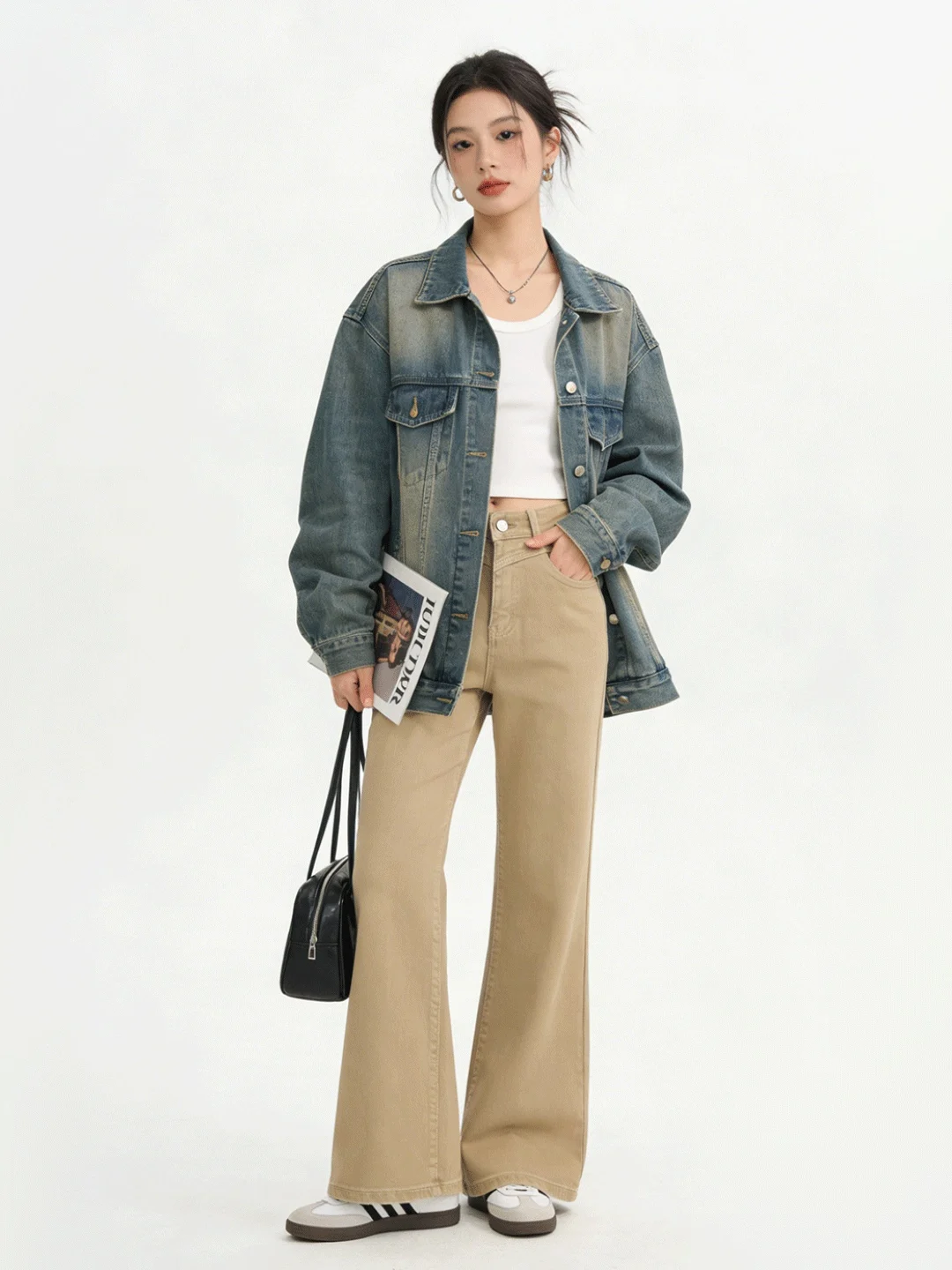 

Slim Fit Khaki High Waist Bell Bottom Jeans Korean Style Spring Season Women's Premium Denim Pants Loose Version Washed Fabric