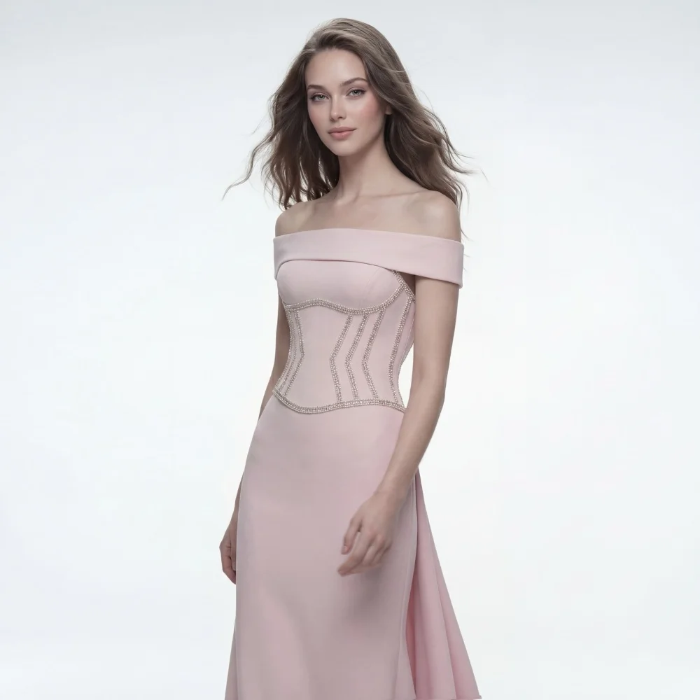 

Customized Retro Pastrol Jersey Pink Beading Sequined Mermaid Off-the-shoulder Floor-Length Evening Dresses Exquisite
