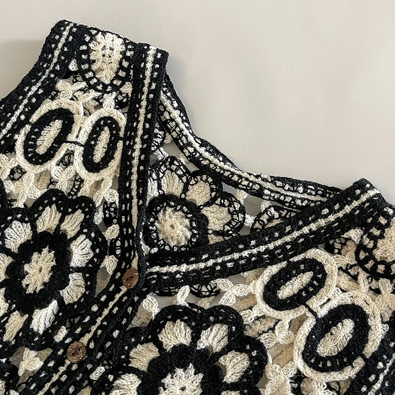 Gilet floreale ricamato all\'uncinetto per donna Giacca senza maniche sul davanti con bottoni traforati Canotte Abito estivo vintage Fairycore