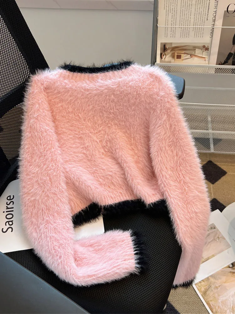 Harajuku Korean Autumn O-Neck Plush Cardigans Cozy Pink Sweater Formal Occasion Luxury Knitted Outerwear Mori Girl New Design