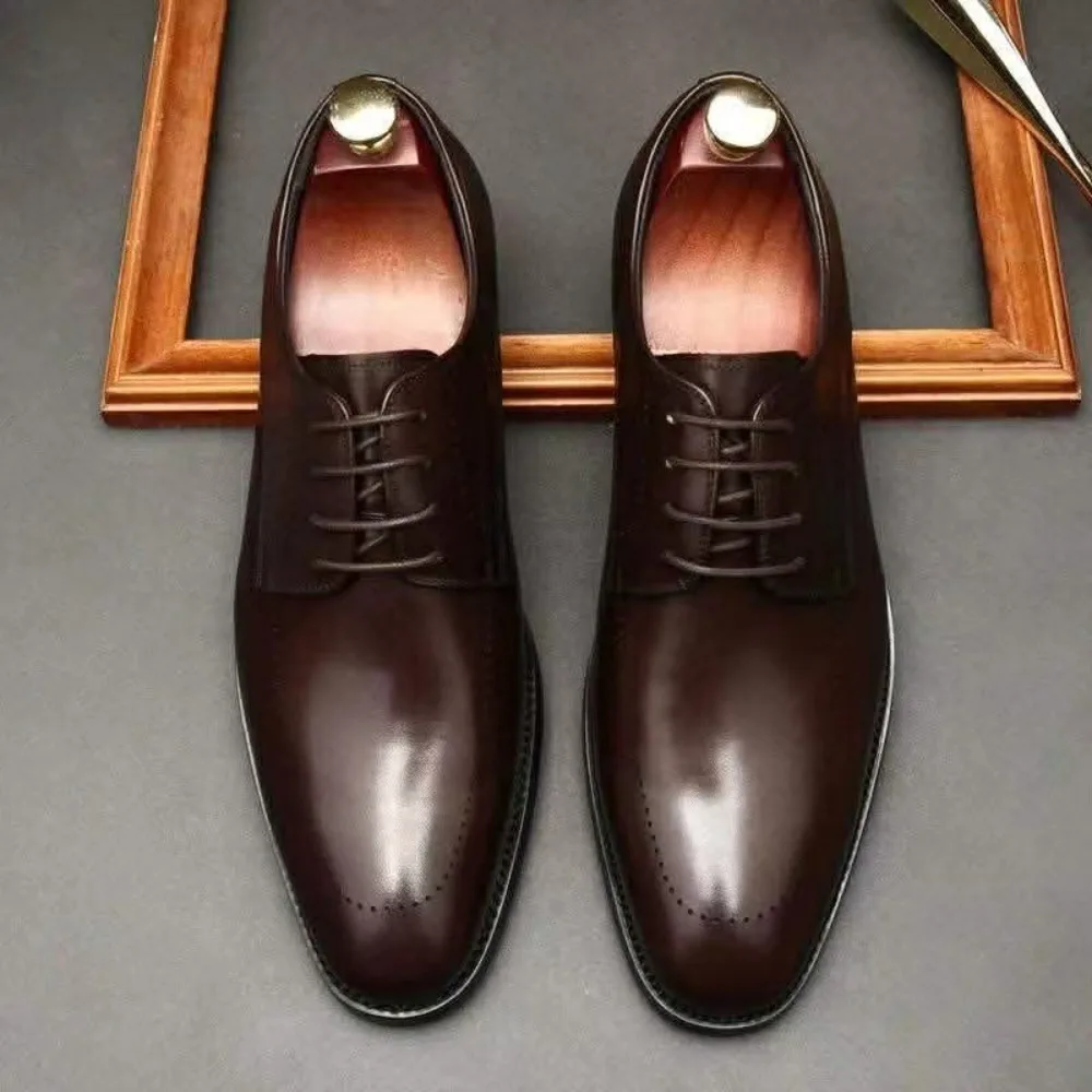 Genuine Full Grain Leather Men Brogue Carved Pointed Toe British Style Business Casual Formal Leather Dress Shoes