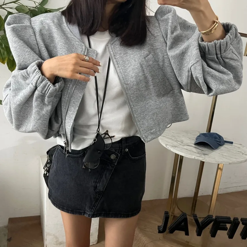 

Casual Short Sleeveless Zipper Cardigan Women's Sweatshirt Spring Autumn New Style Chic Versatile Loose Bubble Sleeve Open Ca...