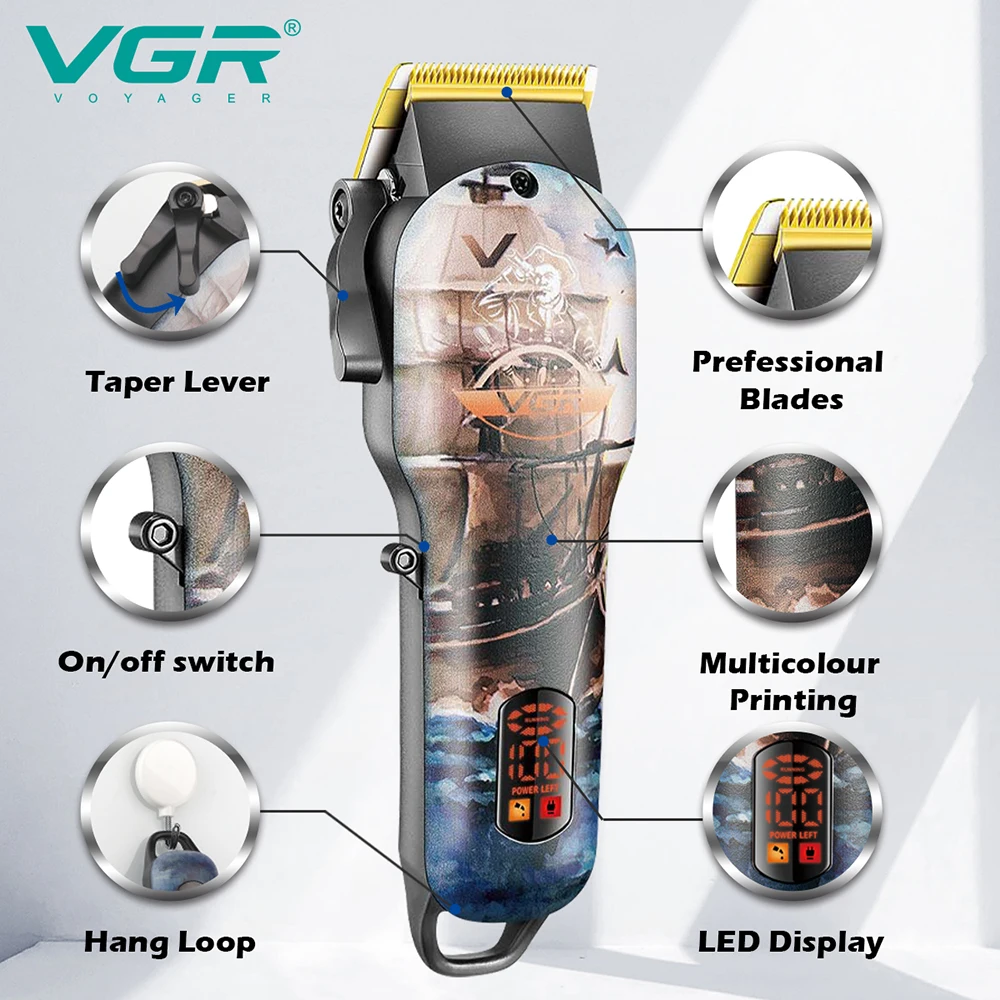 VGR Professional Hair Clipper Hair Cutting Machine Rechargeable Hair Trimmer For Men Shaver Barber Accessories Cut Machin Beard