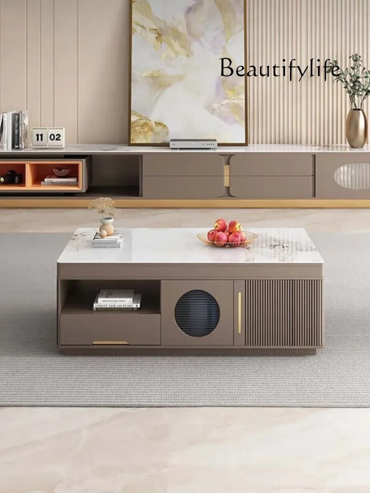 Telescopic smart tea table dining table integrated with kettle living room tea table rock slab