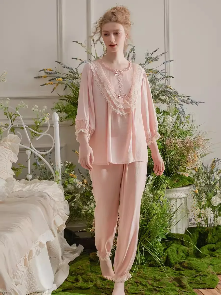 Vintage  Cotton Pajamas Sets For Lady  Three Quarter Sleeve Summer Spring Girls Loose Sleepwear Comfortable Pajamas