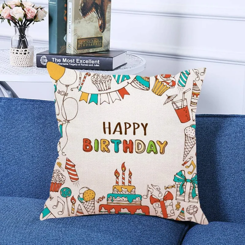 Happy Birthday Candy Party Bow Wreath Balloon Music Fireworks Candle Decoration Pillow Cover 18 x 18 inches