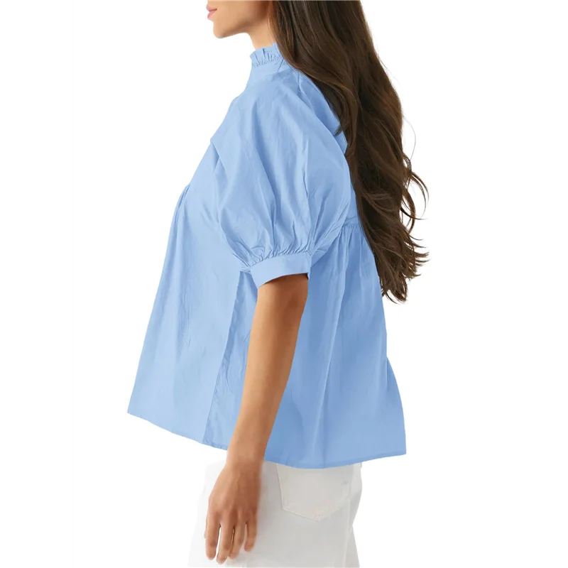 【SEE】レディース パフスリーブ Vネック ブラウス ベビードール ペプラム トップス ドレッシー カジュアル プリーツ ルーズフィット シャツ