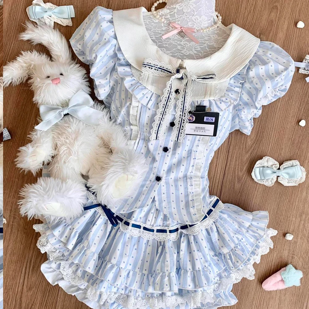 

Japanese Sweet Preppy Style 2-piece Women's Kawaii Lace Patched Bow Top+Y2k Checkered Mini Skirt Fashion 2026 New Collection