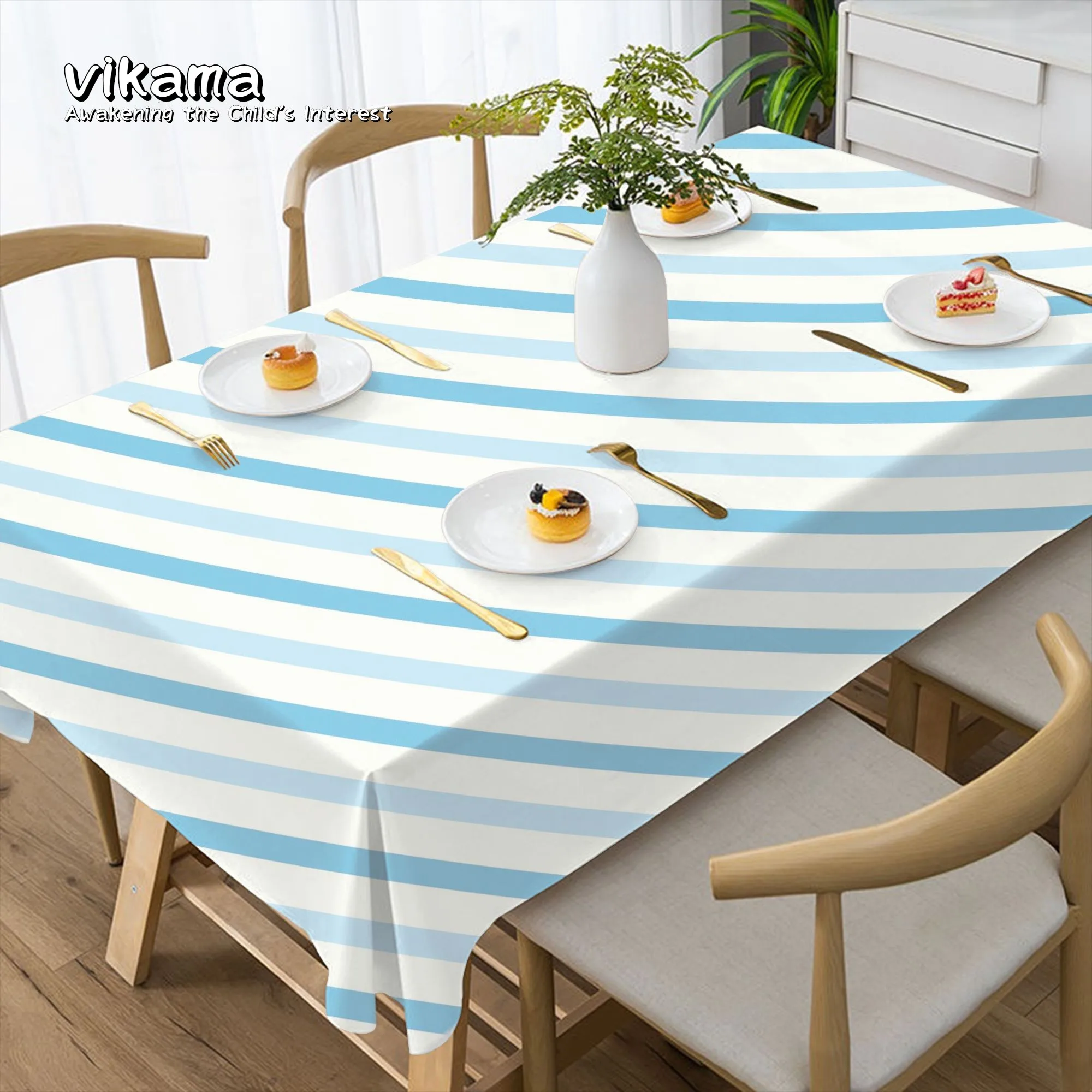VIKAMA Blue and White Striped Tablecloth Fresh Simple Wind Waterproof Dining Table Home Decor Essentials Tablecloths